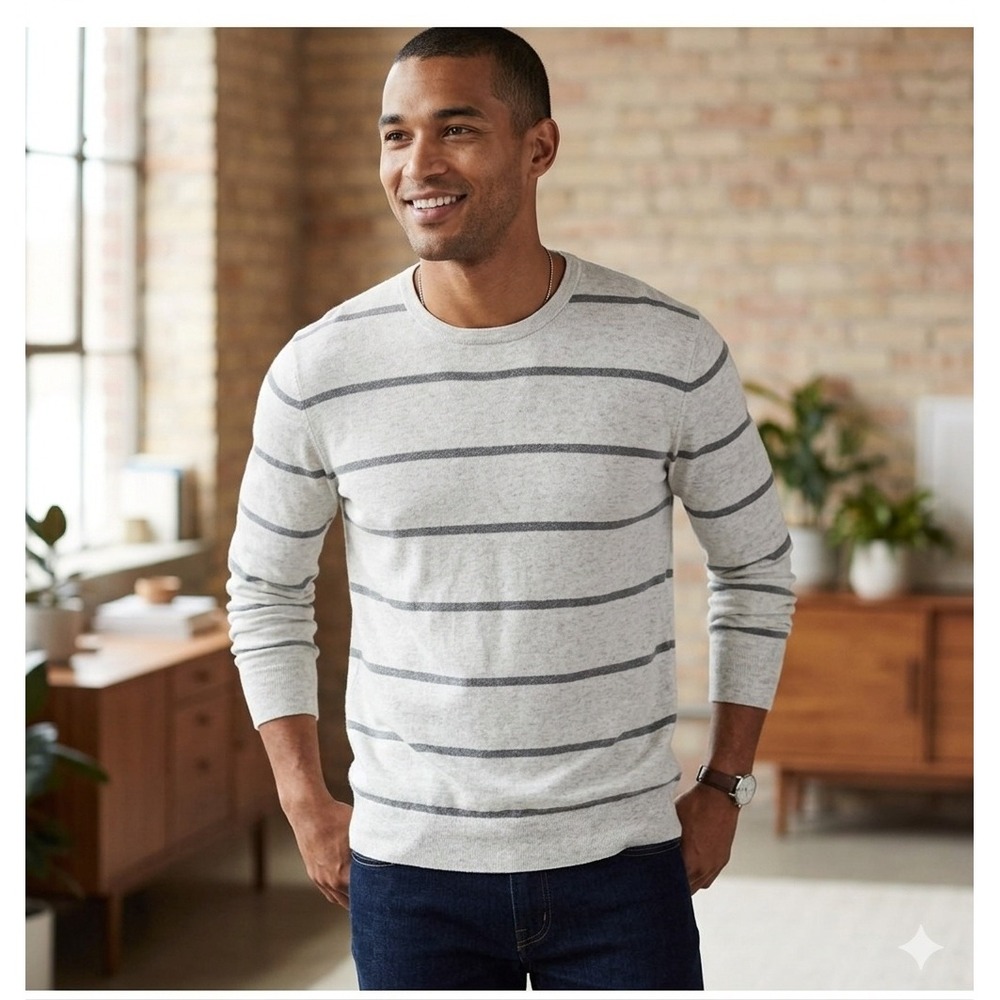 NEW Old Navy Mens Sz XL Stripes Crewneck Sweater Gray Pullover Long Sleeves